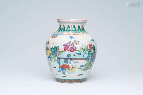A Chinese famille rose vase with figures in a palace garden,...
