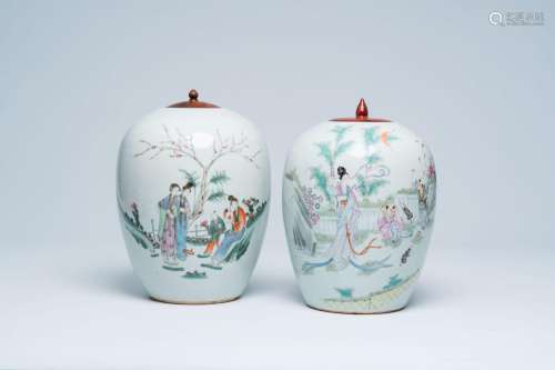 Two Chinese famille rose and qianjiang cai jars with figures...