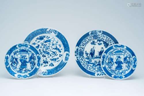 Four Chinese blue and white chargers with figures and birds ...