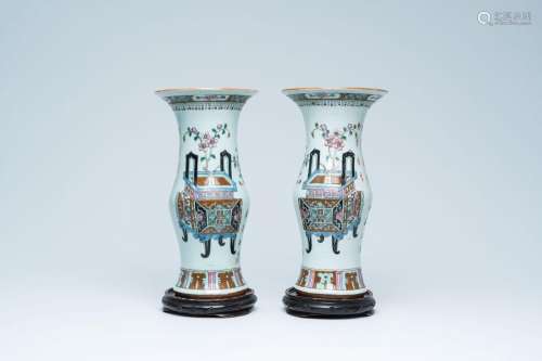A pair of Chinese famille rose yenyen vases with antiquities...