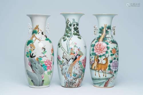 Three Chinese famille rose vases with cranes, a deer and a p...