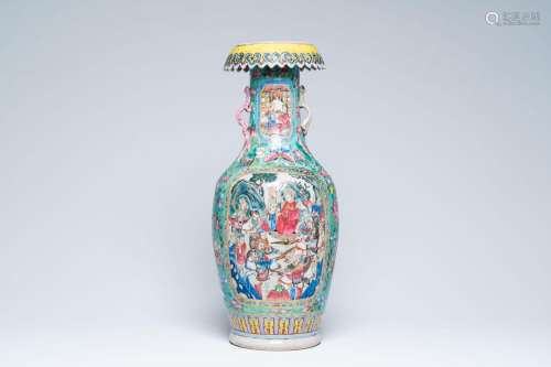 A Chinese famille rose vase with warrior and palace scenes, ...