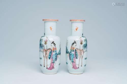 A pair of Chinese famille rose 'Magu and deer' vases, Tongzh...