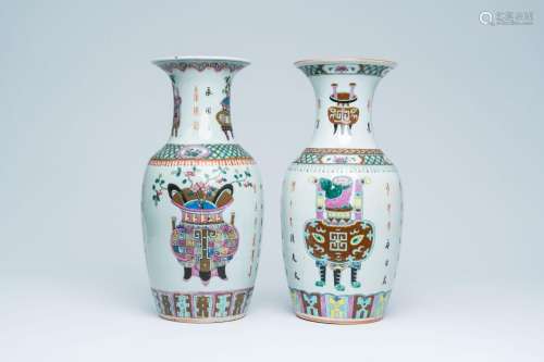 Two Chinese famille rose vases with antiquities and flower b...