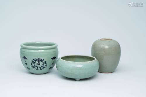 A Chinese celadon incense burner, a ginger jar and a jardini...