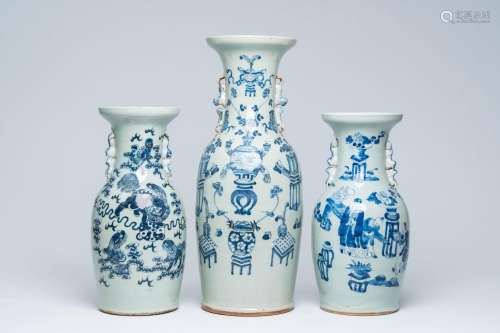 Three Chinese blue and white celadon ground vases with Buddh...