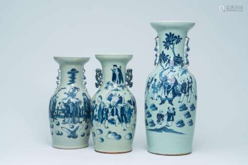 Three Chinese blue and white celadon ground vases with Immor...
