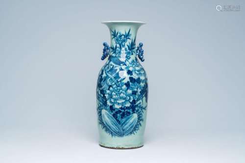 A Chinese blue and white celadon ground vase with birds amon...