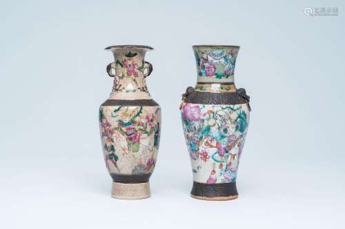 Two Chinese Nanking crackle glazed famille rose vases with w...