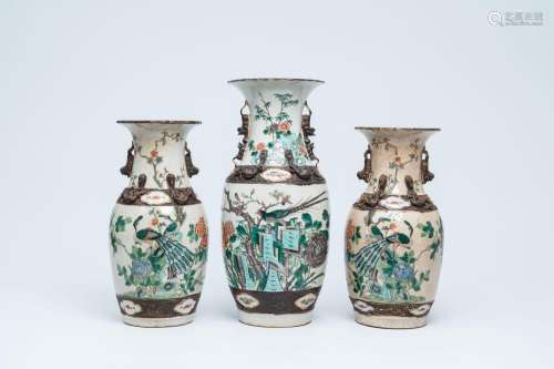 Three Chinese Nanking crackle glazed famille verte vases wit...