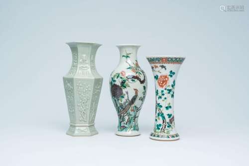 Two Chinese famille verte vases and a celadon glazed vase, 1...