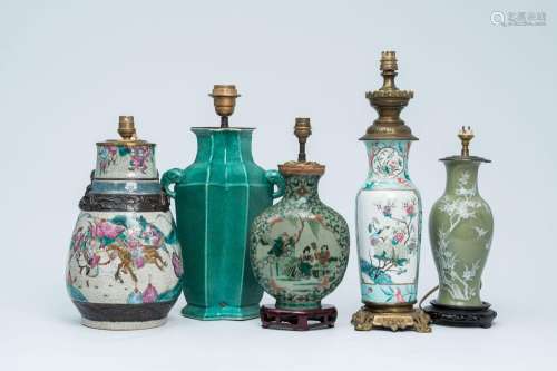 Five Chinese famille rose, verte and monochrome vases mounte...
