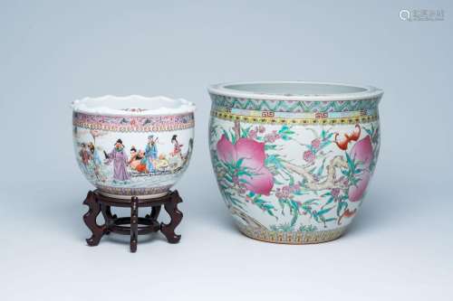 Two Chinese famille rose jardinieres with immortals and peac...