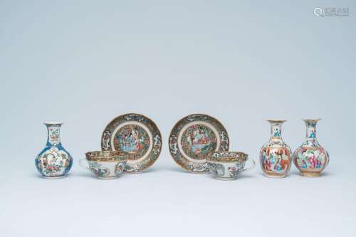 A pair of Chinese Canton famille rose cups and saucers and t...