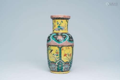 A Chinese famille verte yellow ground vase with antiquities ...