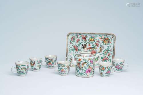 A Chinese Canton famille rose eight-part tea set with birds ...