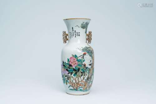 A Chinese qianjiang cai vase with cranes among blossoming br...