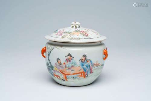 A Chinese famille rose jar and cover with scholars at mealti...
