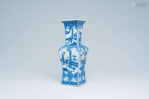 A square Chinese blue and white vase with figures on a terra...