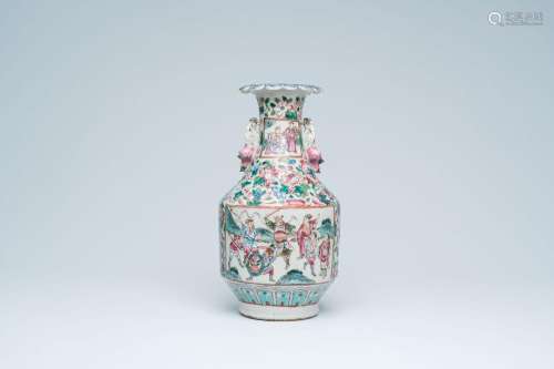 A Chinese Canton famille rose vase with warrior and palace s...
