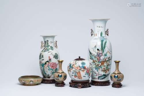 Two Chinese famille rose vases and a ginger jar and two vase...