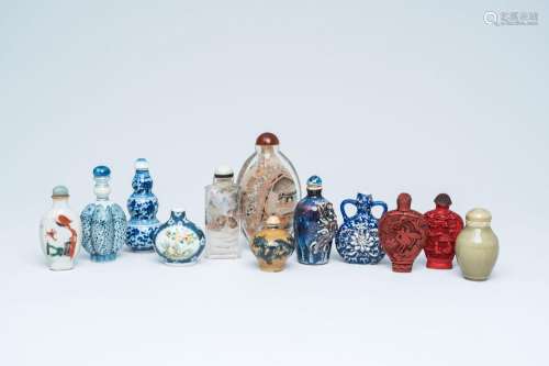 Twelve Chinese porcelain, lacquer and painted glass snuff bo...