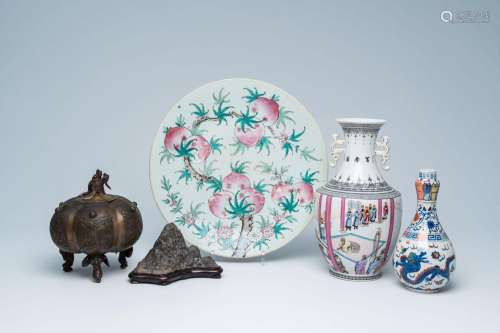 Two Chinese porcelain vases and a dish, a scholar's rock and...