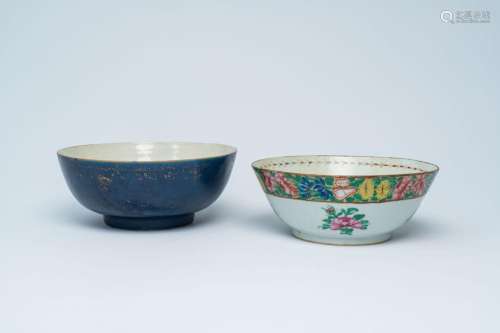 A Chinese gilt-decorated powder-blue bowl and a famille rose...