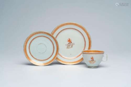 Two Chinese polychrome and gilt monogrammed armorial plates ...