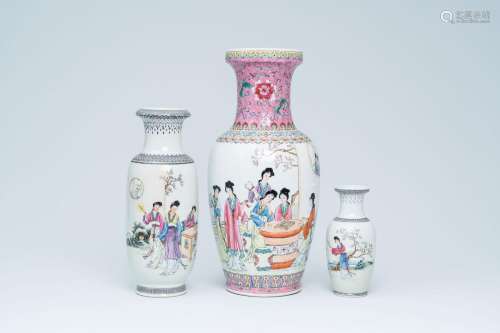 Three Chinese famille rose vases with ladies in a garden, Re...
