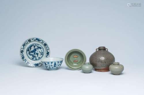 Six Chinese blue and white, celadon and crackle-glazed porce...