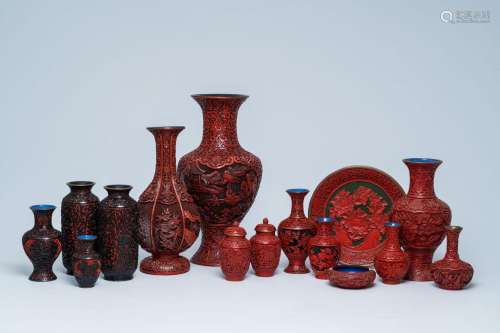 A varied collection of Chinese carved cinnabar and black lac...