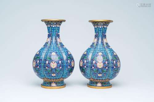 A pair of lobed Chinese cloisonne vases with floral design, ...