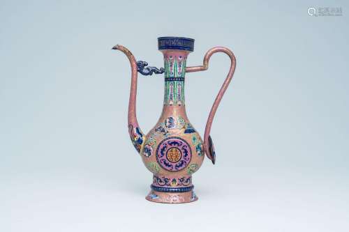 A Chinese pink-ground Canton enamel ewer, 19th C.<br />
H 29...