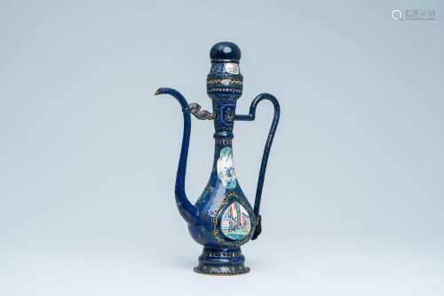 A large Chinese blue-ground Canton enamel ewer and cover, 19...