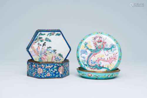 Two Chinese Canton enamel boxes and covers, 19th C.<br />
H ...