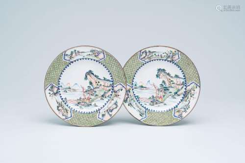 A pair of Chinese Canton enamel plates with an animated rive...