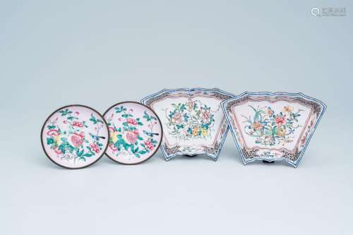 Two pairs of Chinese Canton enamel dishes with flowers and f...