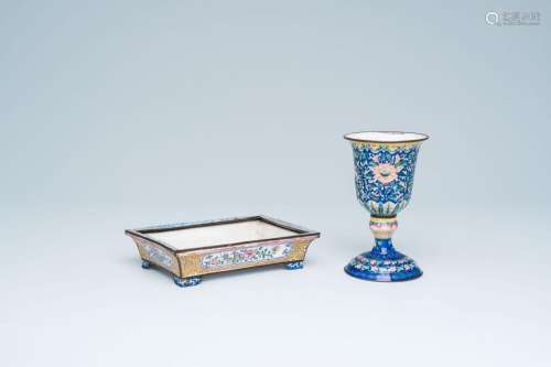 A Chinese Canton enamel goblet and a rectangular flowerpot, ...