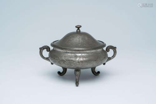 A Chinese engraved pewter tureen and cover, 20th C.<br />
H ...