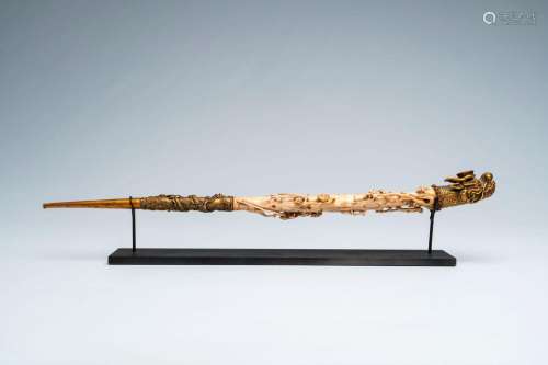 A Chinese carved stag horn opium pipe with glass-inlaid gilt...