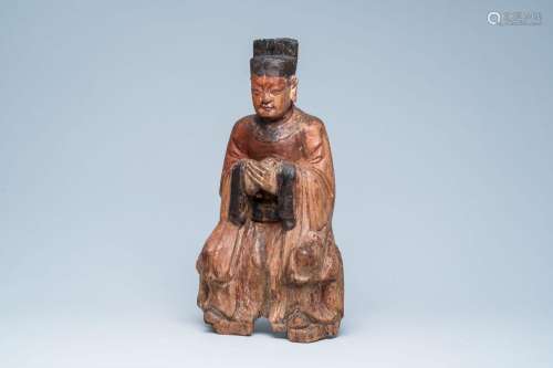 A tall Chinese polychromed wood sculpture of Wenchang Wang, ...