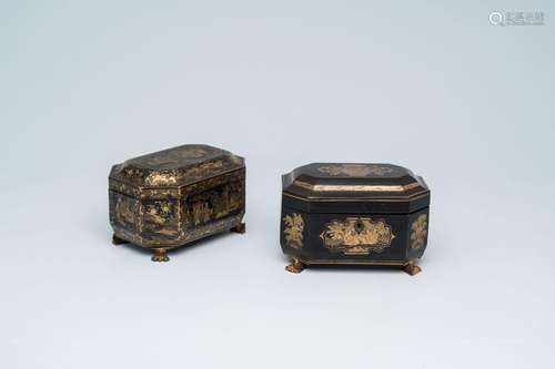 Two Chinese black- and gilt-lacquered tea boxes, Canton, 19t...