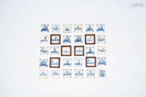 30 blue and white Dutch Delft tiles with boats and windmills...