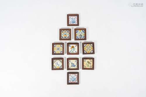 10 blue and white and polychrome Dutch Delft tiles with vari...