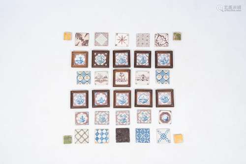 30 blue, white and managese Dutch Delft tiles and four medie...