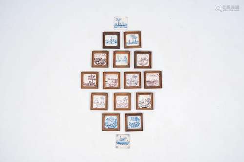 16 blue, white and manganese Dutch Delft tiles, 18th/19th C....