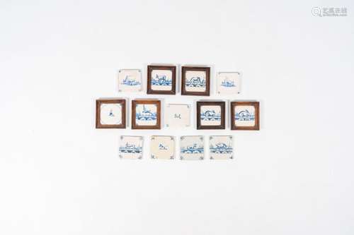 13 blue and white Dutch Delft tiles with animals, 18th C.<br...