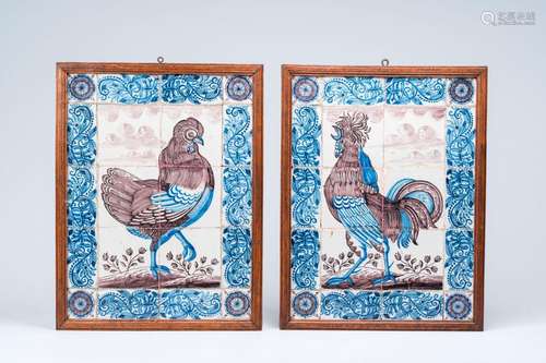 A pair of Dutch Delft tile murals with a rooster and a hen, ...