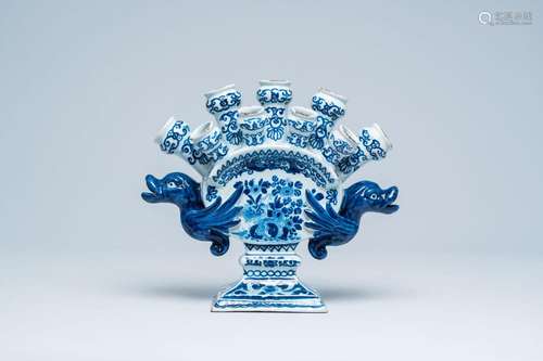 A heart-shaped Dutch Delft blue and white tulip vase with 'w...